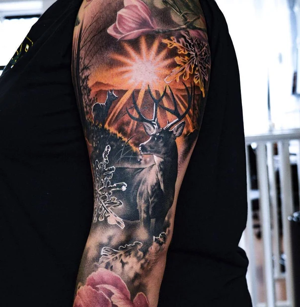 Realism Deer, Landscape tattoo on Full Sleeve