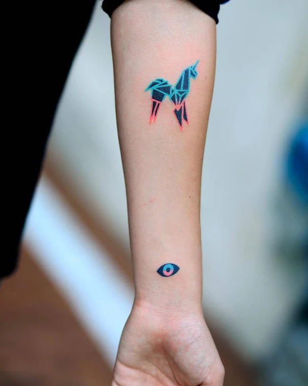 Geometric Unicorn, Eye tattoo on Forearm