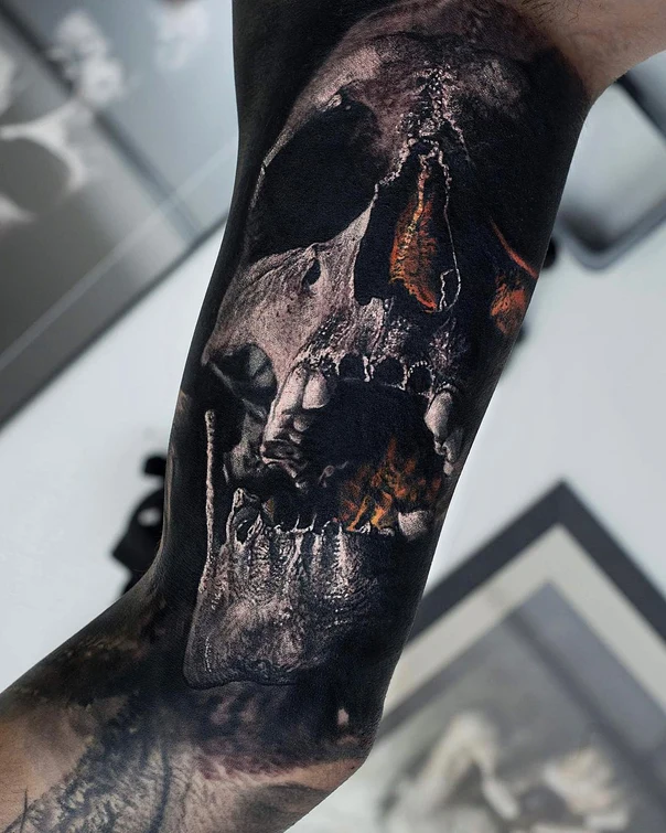Blackwork Skull, Fire tattoo on Forearm