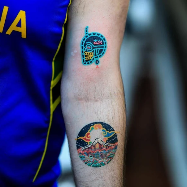 Illustrative Robot, Mountain tattoo on Forearm