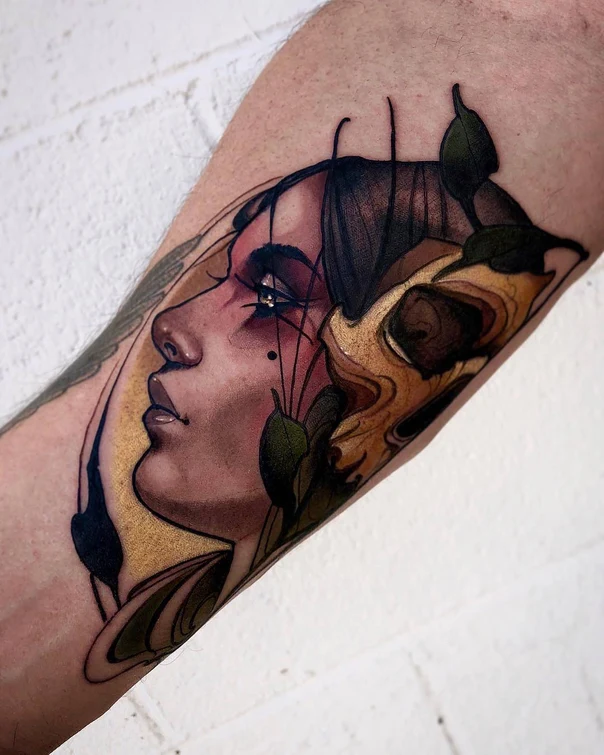 Illustrative Portrait, Botanic tattoo on Forearm