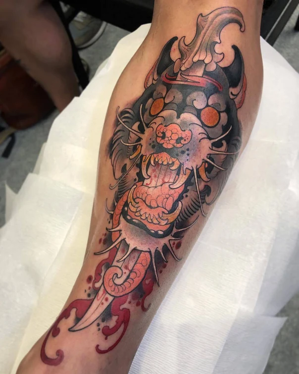Japanese Dragon, Demon tattoo on Calf