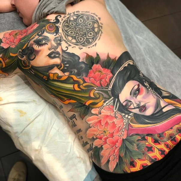 Neo Traditional Woman, Flowers tattoo on Full Back