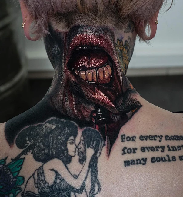 Realism Mouth, Teeth tattoo on Back of neck