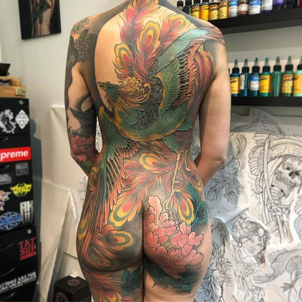Japanese Phoenix, Peony tattoo on Full Back