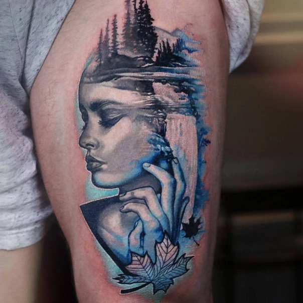 Realism Portrait, Landscape tattoo on Thigh