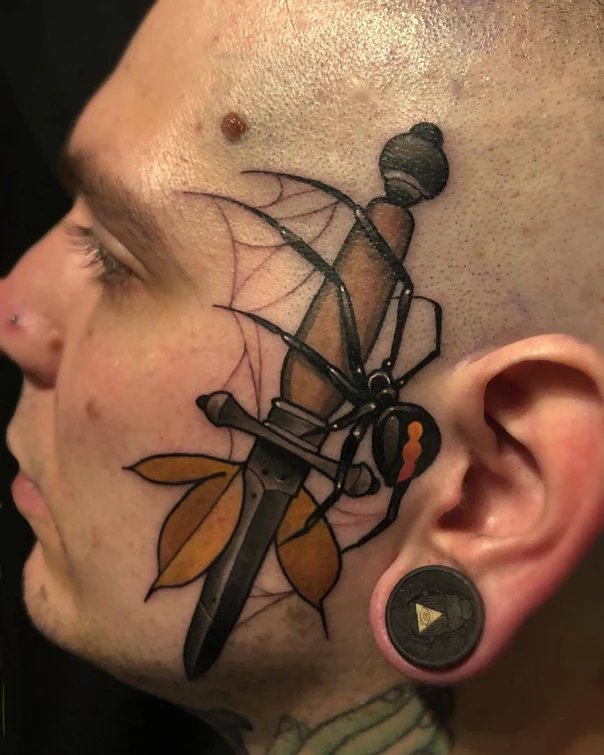Neo Traditional Spider, Dagger tattoo on Face