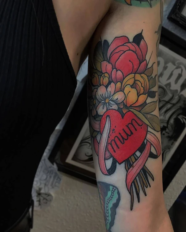 Neo Traditional Flowers, Heart tattoo on Forearm