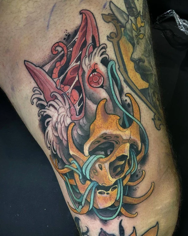 Illustrative Skull, Abstract tattoo on Calf