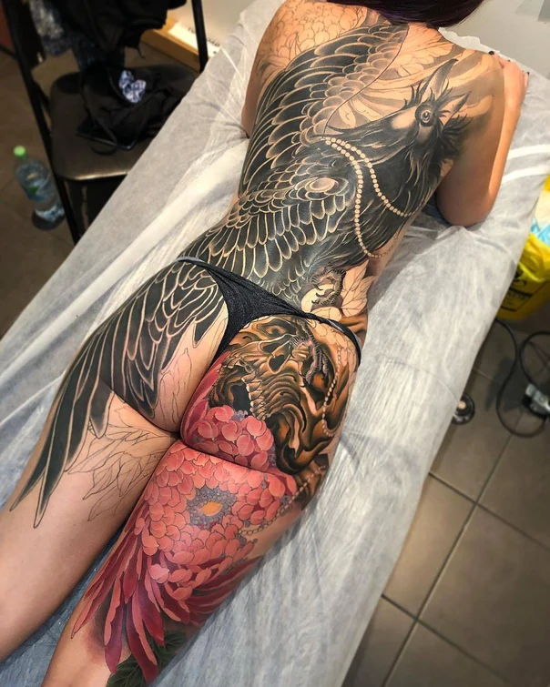 Japanese Bird, Flower tattoo on Full Back