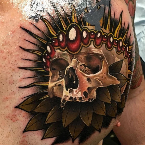 Neo Traditional Skull, Leaves tattoo on Chest