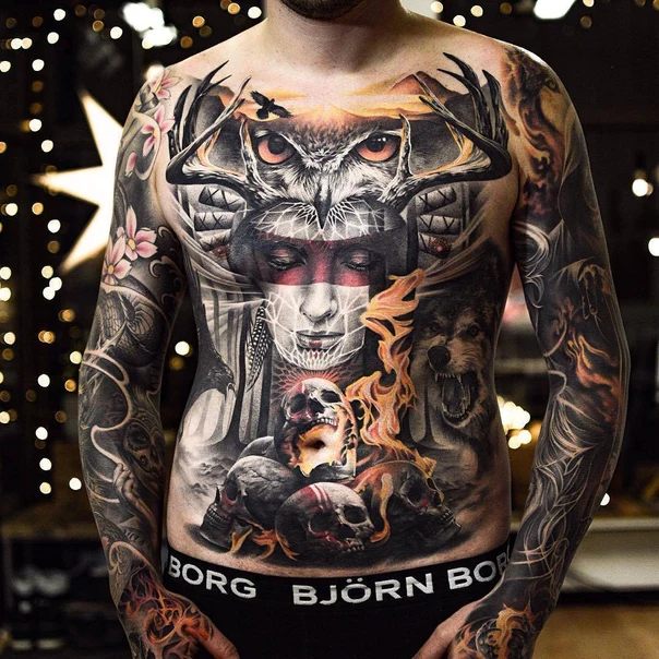 Realism Owl, Skull tattoo on Full body