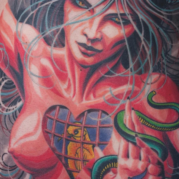 Illustrative Woman, Heart tattoo on Chest