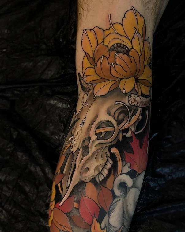 Japanese Skull, Flower tattoo on Forearm