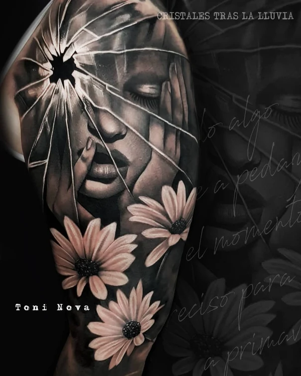 Realism Portrait, Flowers tattoo on Full Sleeve