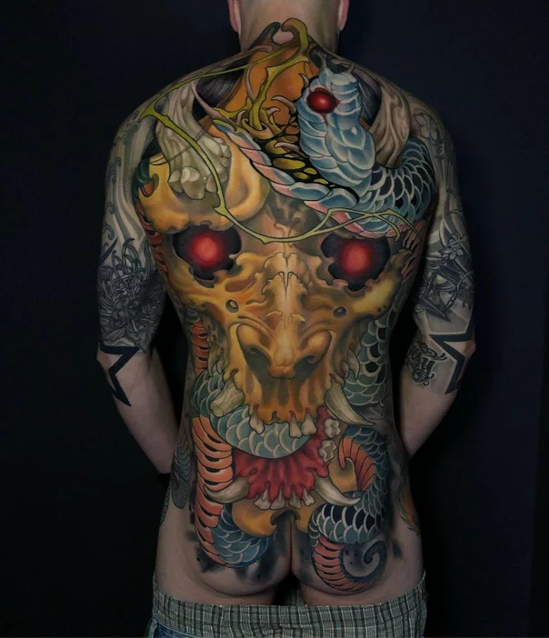 Japanese Skull, Snake tattoo on Full Back