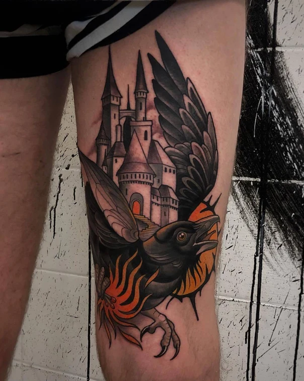 Neo Traditional Raven, Castle tattoo on Thigh