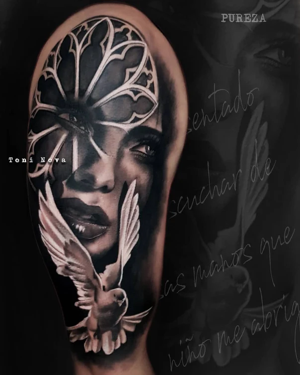 Black & Grey Face, Dove tattoo on Upper Arm