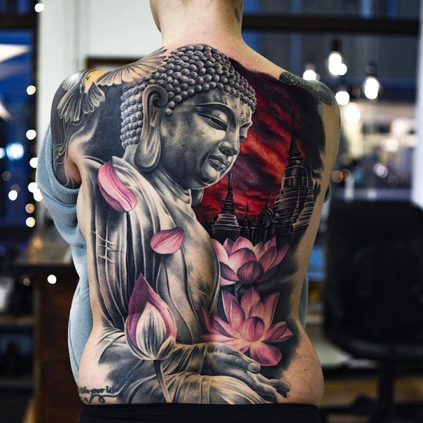 Realism Buddha, Lotus tattoo on Full Back