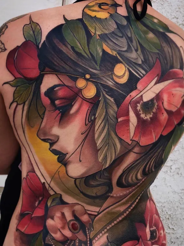 female color neo traditional 纹身 在 full back #26774 | 纹身师 Matt Tischler
