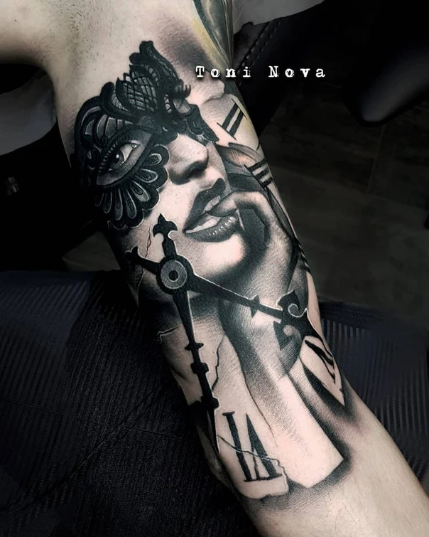 Realism Portrait, Clock tattoo on Forearm