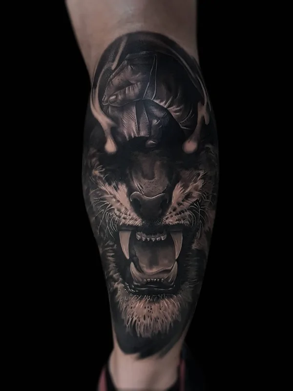 black and grey realism tattoo on calf #33631 | Tattoo Artist Роман Трофимов