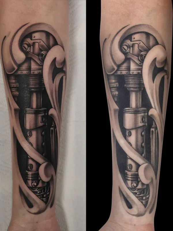 black and grey biomechanical tattoo on forearm #33641 | Tattoo Artist Роман Трофимов