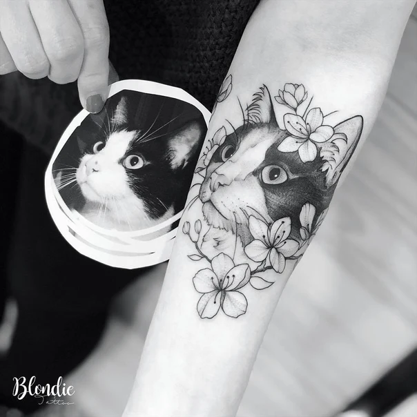 Black & Grey Cat, Flowers tattoo on Forearm