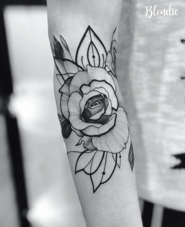 Blackwork Rose, Leaves tattoo on Forearm