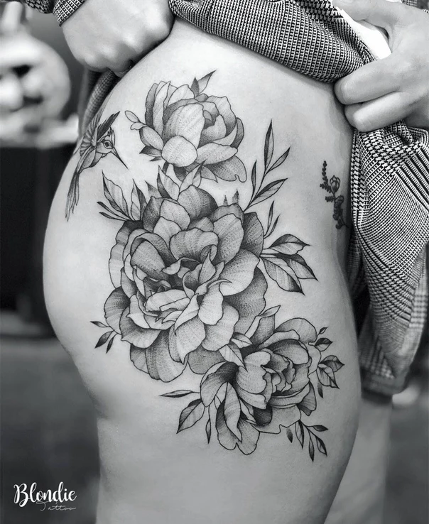 Black & Grey Flowers, Hummingbird tattoo on Hip