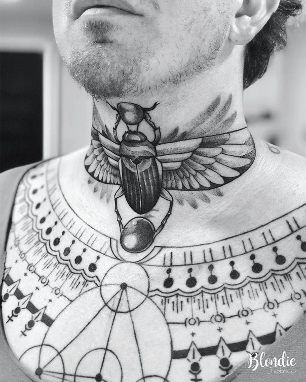 Blackwork Beetle, Sacred geometry tattoo on Neck