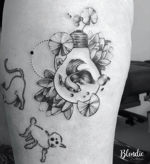 Blackwork Fish, Lightbulb tattoo on Thigh