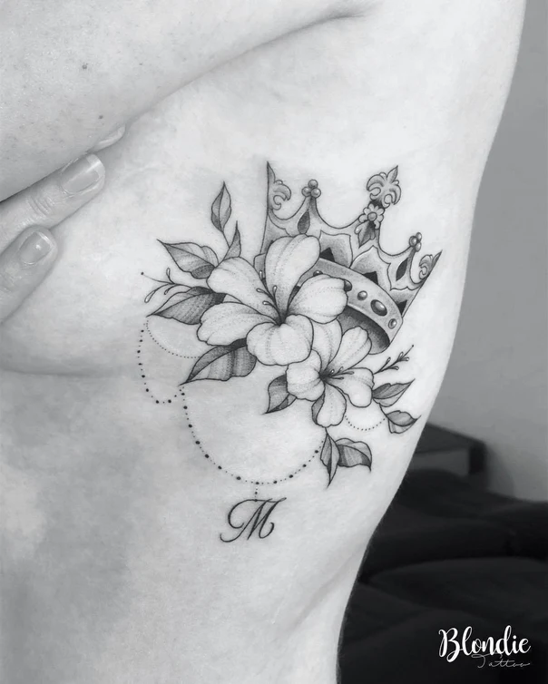 Black & Grey Crown, Flowers tattoo on Ribcage