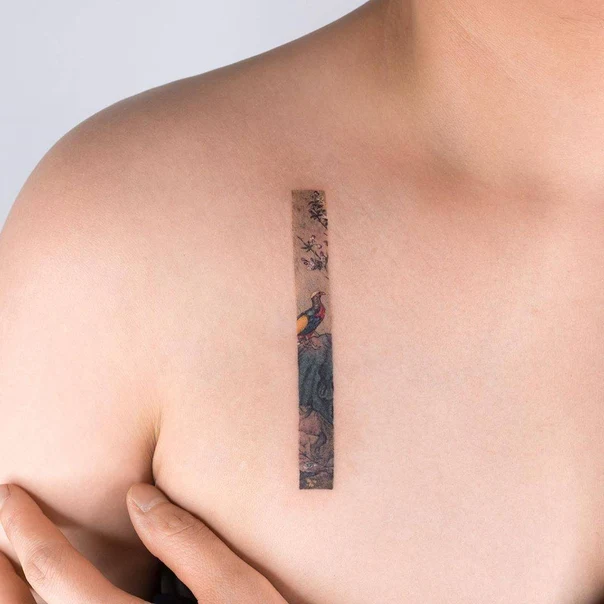 Japanese Bird, Landscape tattoo on Collarbone