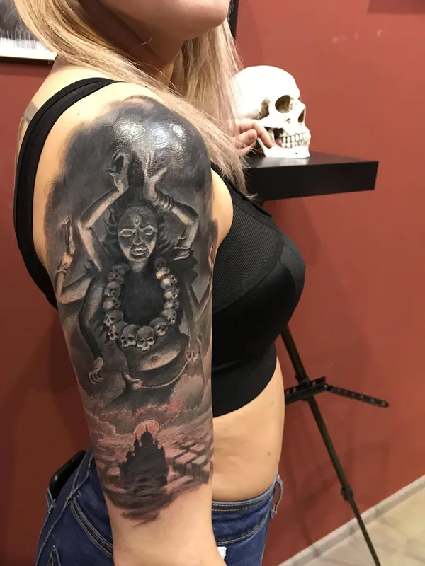female black and grey black and grey 纹身 在 full sleeve #33856 | 纹身师  Денис Вязников 