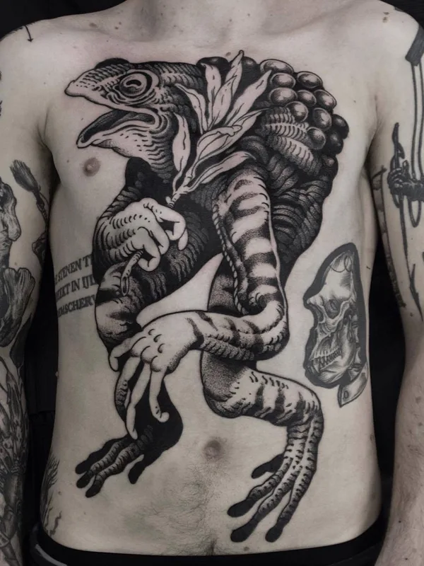 male black and grey blackwork 纹身 在 chest #33891 | 纹身师 MISHLA