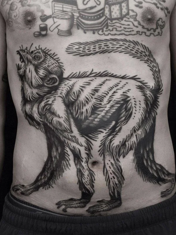 male black blackwork 纹身 在 stomach #33896 | 纹身师 MISHLA