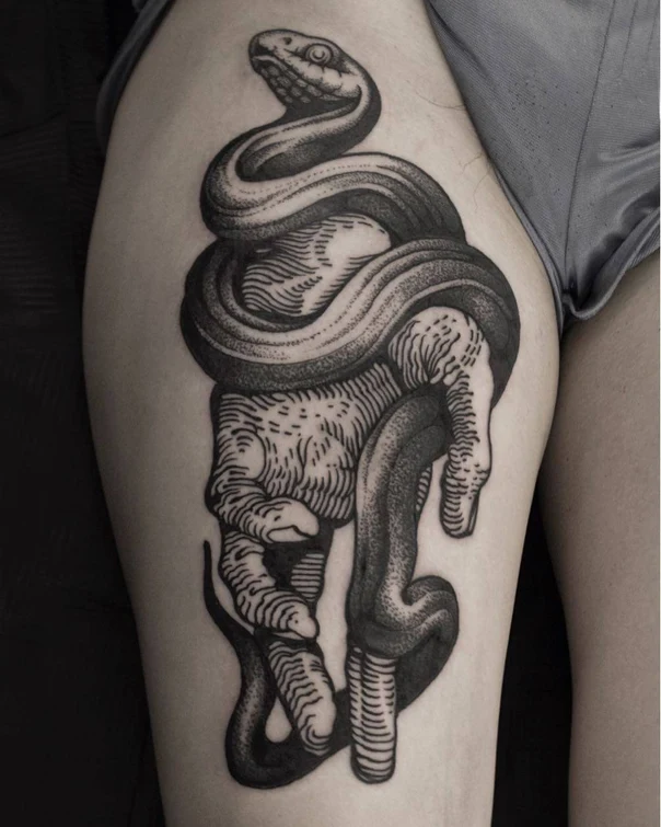 Blackwork Snake, Hand tattoo on Thigh