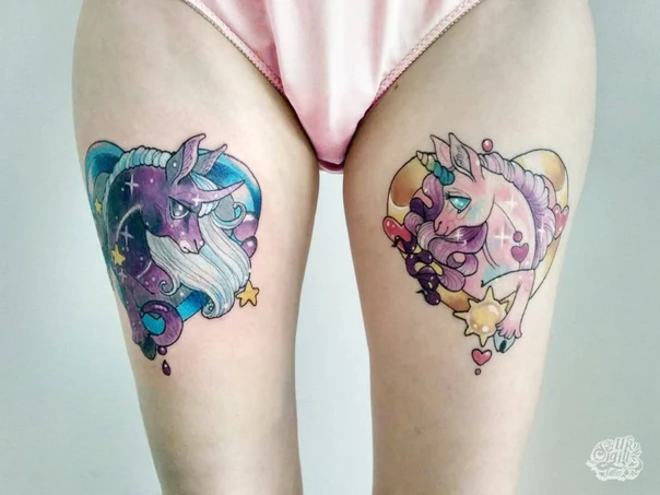 Иллюстративная Unicorn, Heart tattoo на Thigh