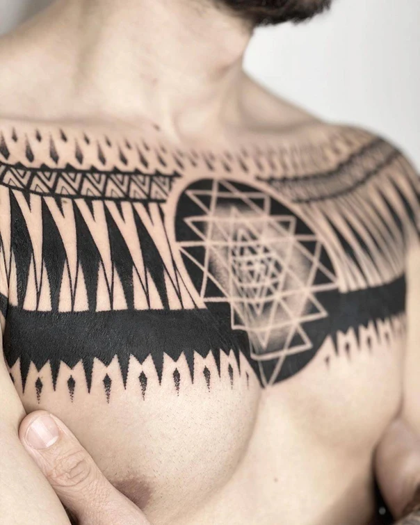 Blackwork Geometric, Sacred geometry tattoo on Chest