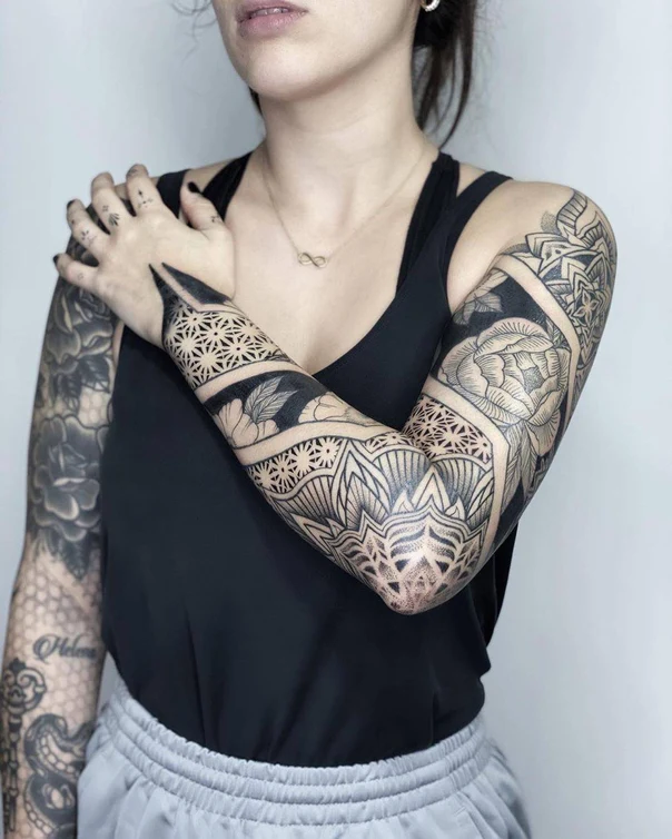 Blackwork Mandala, Floral tattoo on Full Sleeve