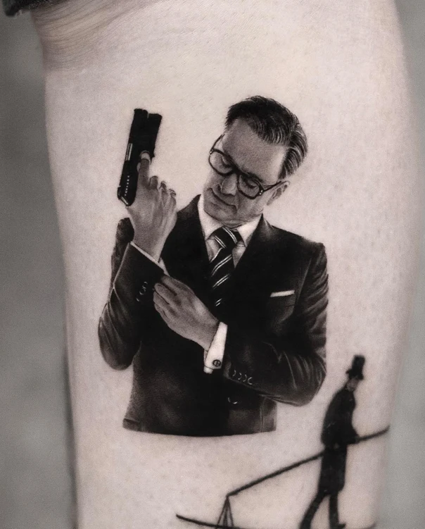 Realism Man, Gun tattoo on Thigh