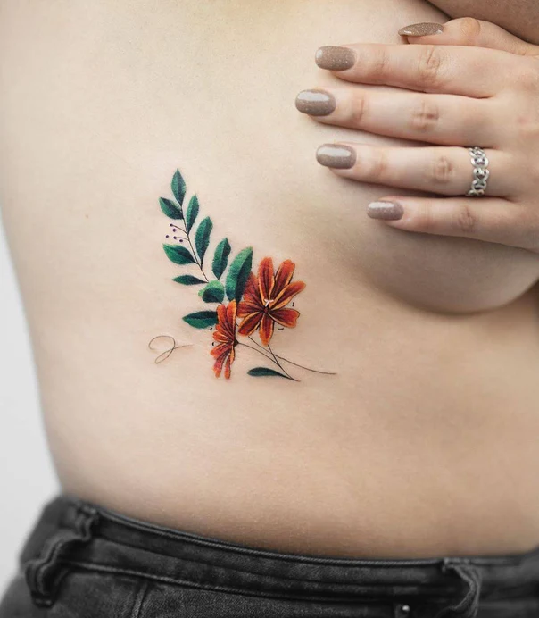 Botanic Flower, Leaf tattoo on Ribcage