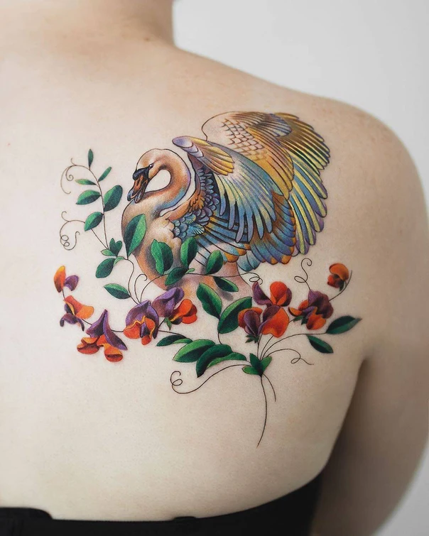 Illustrative Swan, Flowers tattoo on Shoulder Blade