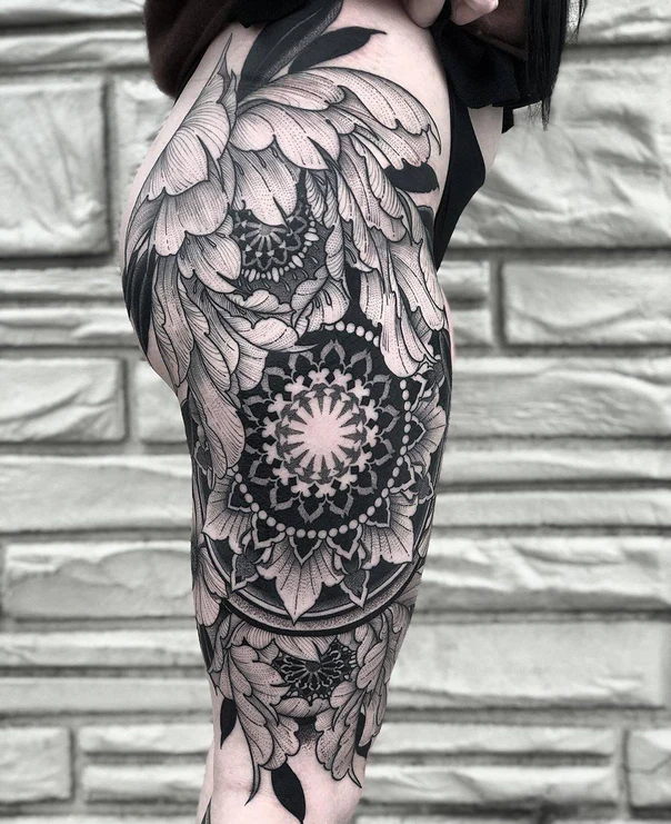 Blackwork Mandala, Botanic tattoo on Thigh