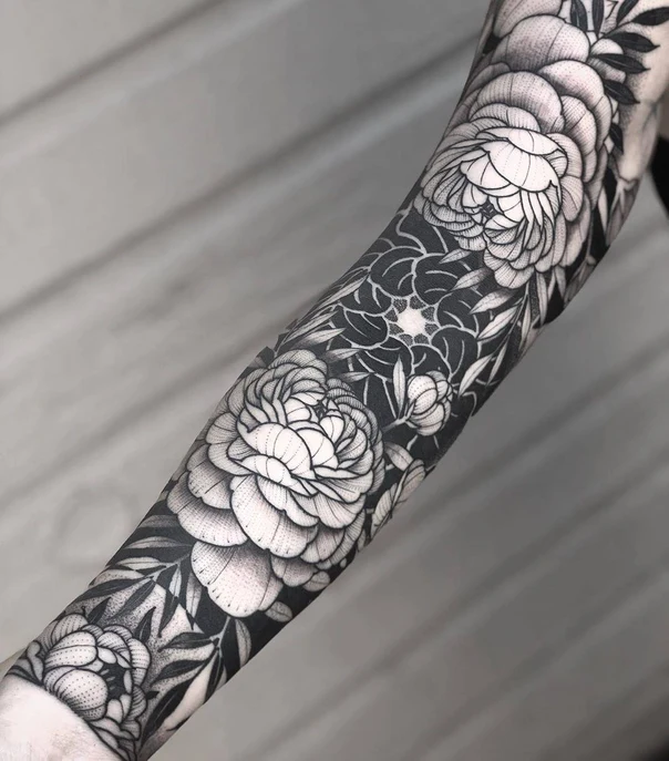 Blackwork Flowers, Leaves tattoo on Forearm