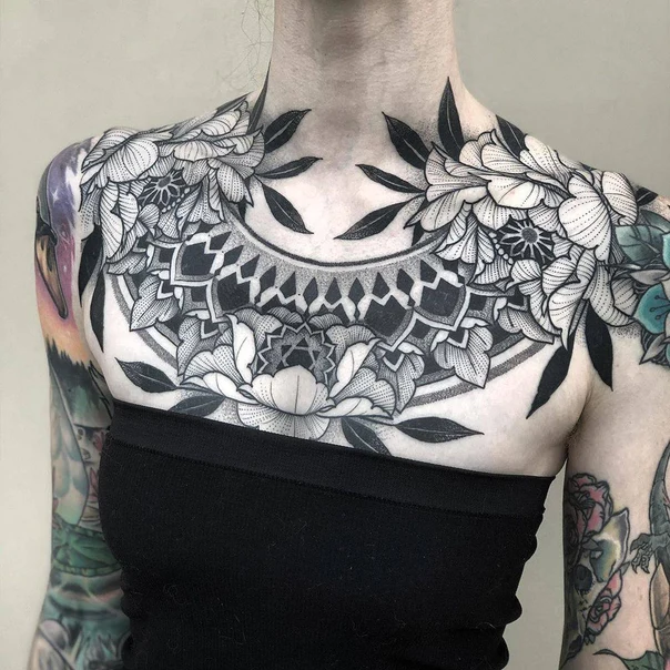 Blackwork Mandala, Floral tattoo on Chest