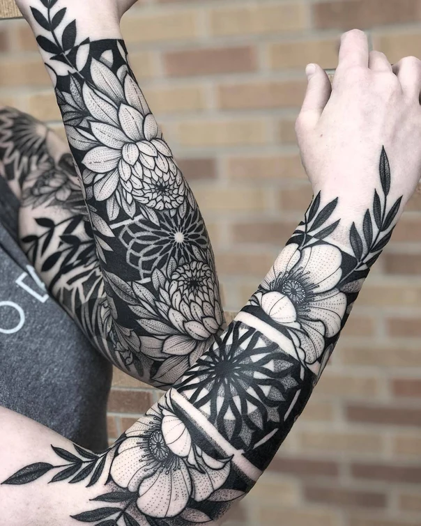Blackwork Flowers, Mandala tattoo on Full Sleeve