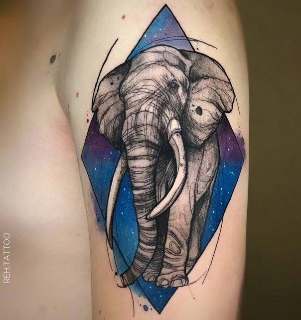 Illustrative Elephant, Geometric tattoo on Upper Arm