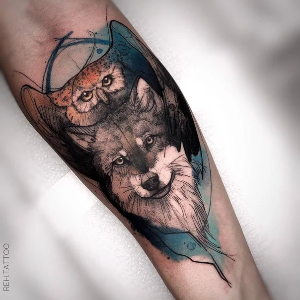 Illustrative Owl, Wolf tattoo on Forearm